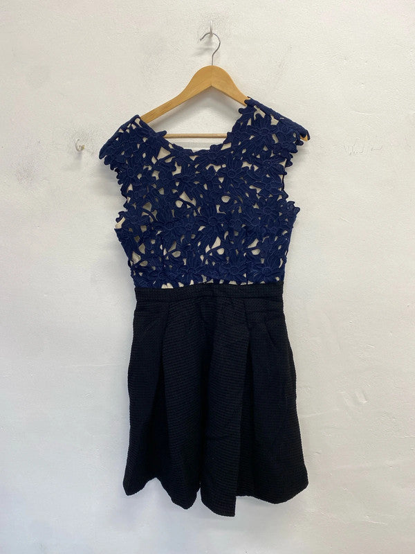Lovely whistles black navy lace top dress UK 14 VW001