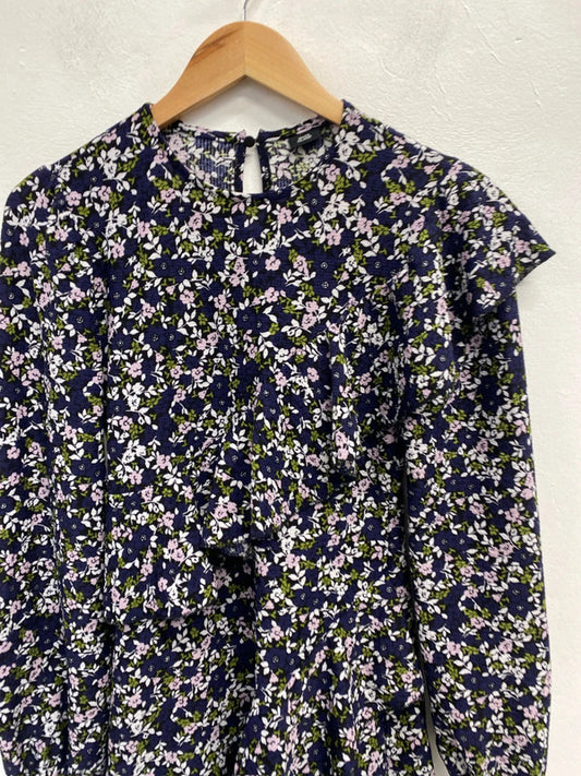 Lovely river island navy white floral frill midi dress UK S KM004