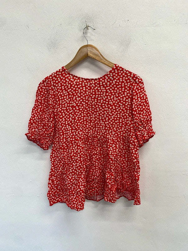 Lovely new look red white floral blouse top UK 12 NN001