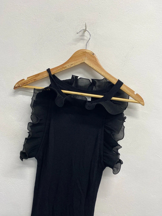 Stunning Zara black ribbed frill neck sleeve dress UK M KS002