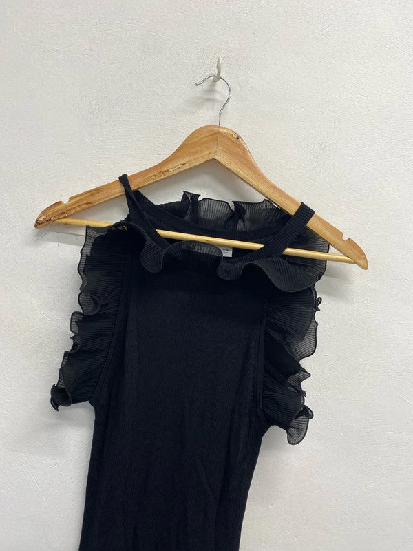 Stunning Zara black ribbed frill neck sleeve dress UK M KS002