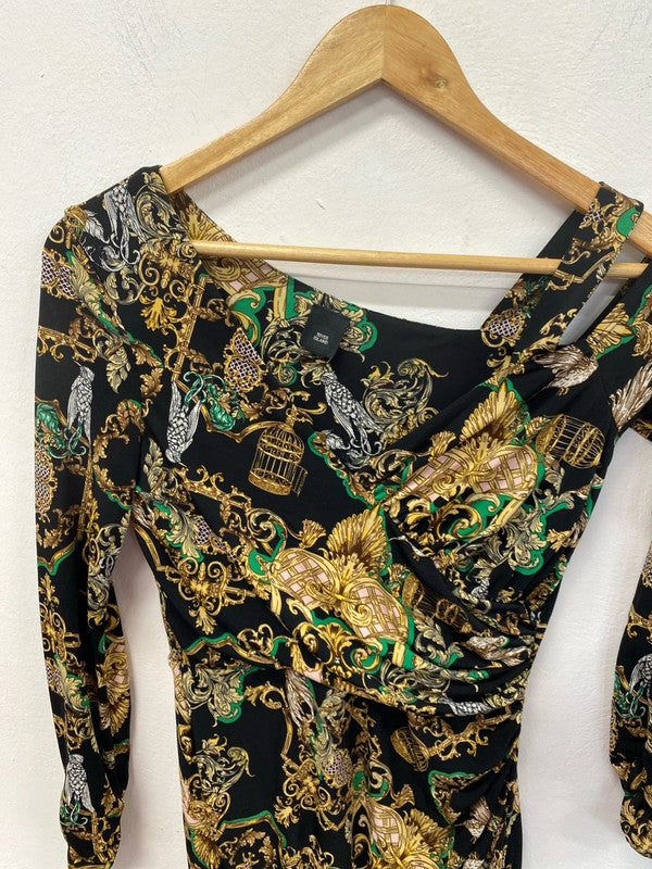 River Island Chic Black Asymmetric Ornate Pattern Midi Dress UK 8 KM004