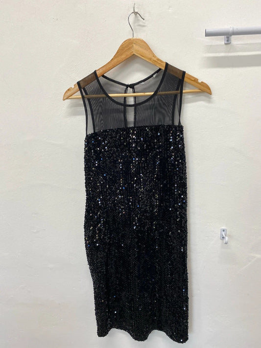 Fabulous New Look black sequin mini dress mesh straps Uk12 LL003