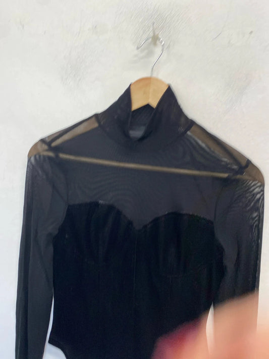 Stunning Shien black velvet look mesh long sleeve top UK 8 AE001