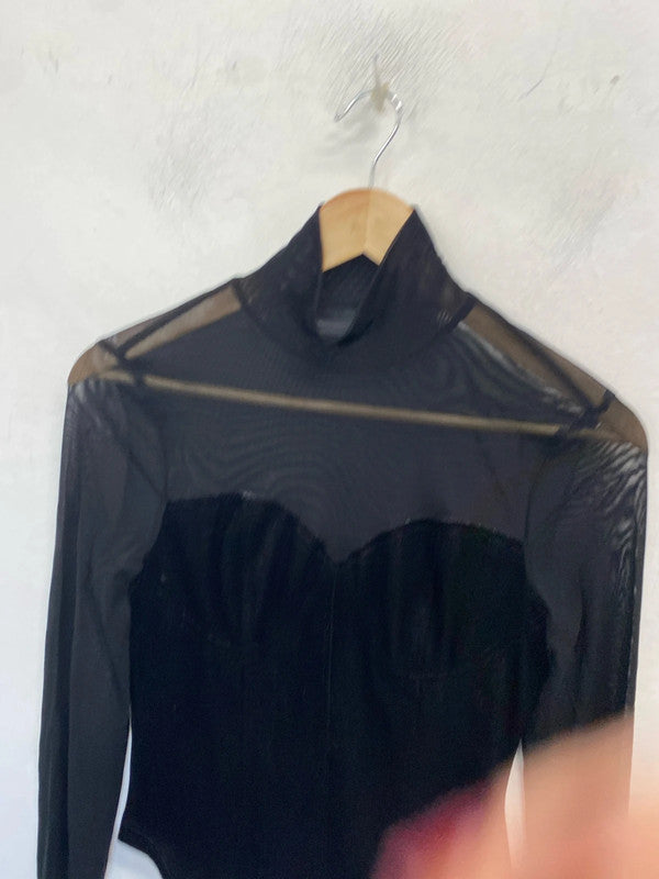 Stunning Shien black velvet look mesh long sleeve top UK 8 AE001