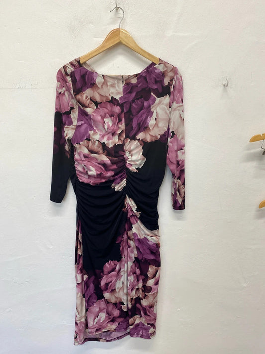 Phase Eight Gorgeous Purple & Black Rose Ruched Midi Dress UK 16 KM005