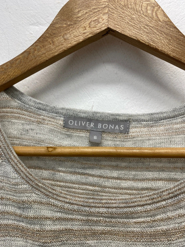 Oliver Bonas Fabulous Taupe & Rose Gold Fine Knit Glitter Stripe Blouse UK 8 JM007