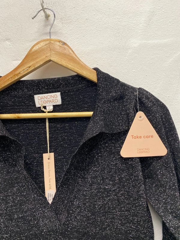 Stunning dancing leopard black metallic yarn long sleeve midi dress plat UK 10 KS002