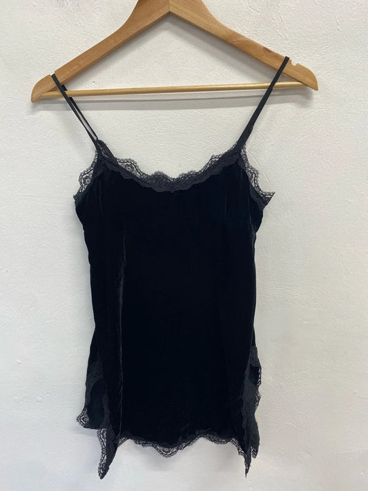 Stunning river island black velvet look lace trim cami top UK S KM004