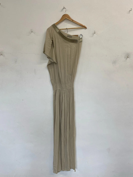 Mele Elegant Taupe Gold Beaded Collar Jumpsuit UK 12 MB001