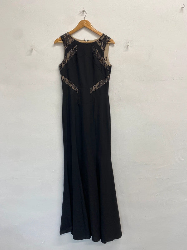 Stunning miso black beige lace maxi formal mermaid dress UK 12 MS002