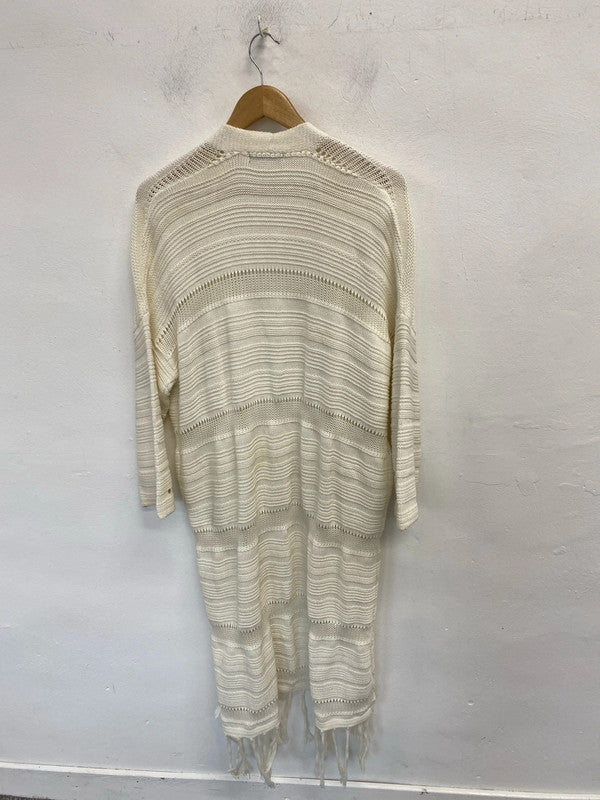 Lovely reserved yfl crochet white longline Cardigan UK M JB001