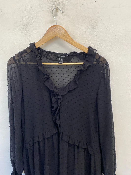 Lovely new look dark navy smock spotted textured frill dress UK 14 AE001