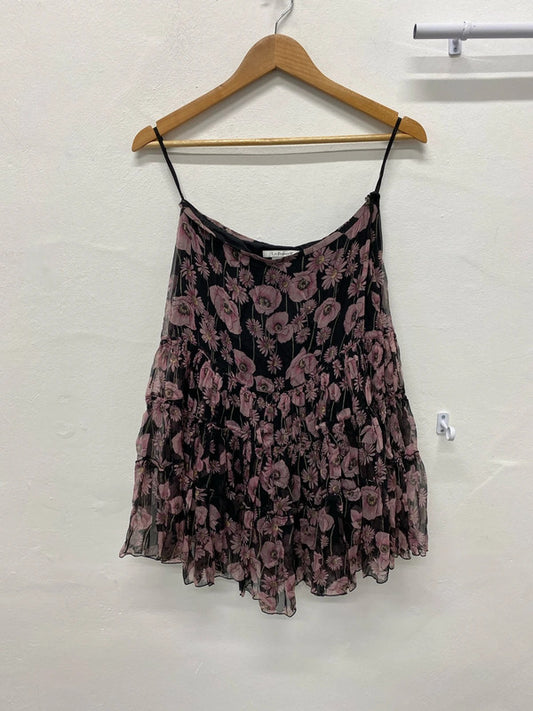 LK Bennett romantic Pure Silk floral tiered skirt mauve & black Uk10 SN002