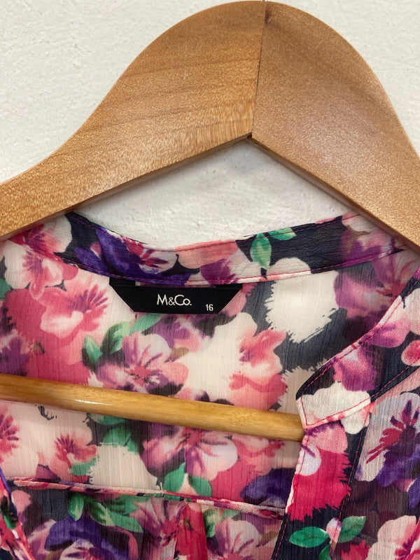 M&Co Elegant Pink Floral Sheer Blouse UK 16 RR002