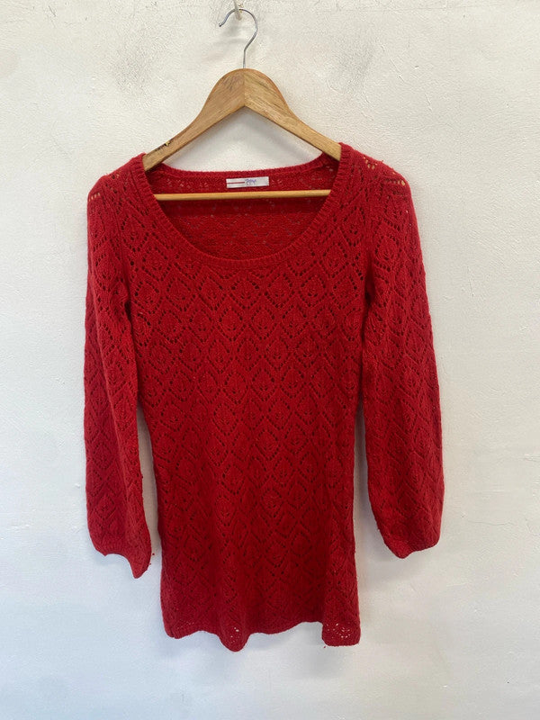 Lovely papaya lambs wool blend red broderie longline jumper UK 10 MM005