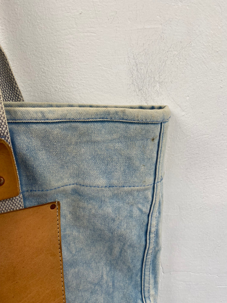 Immodest cotton X Fleabags denim tote east west acid wash denim leather RF001