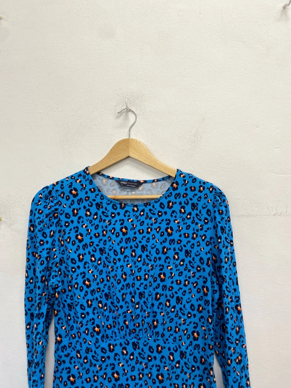 Stunning M&s blue leopard long sleeve midi dress UK 10 JM005