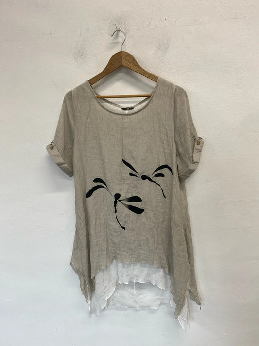 Fabulous Roman beige white dragonfly floaty tunic midi UK 18 YM001