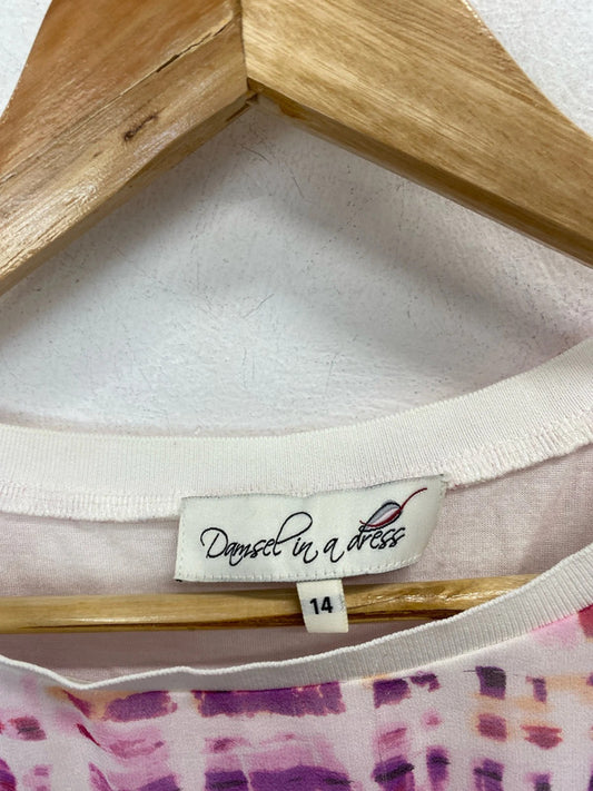 Stunning damsel in a dress silk pink purple pattern tunic top UK 14 KM005