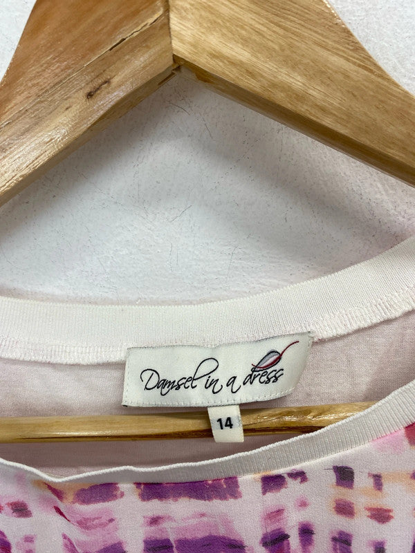 Stunning damsel in a dress silk pink purple pattern tunic top UK 14 KM005