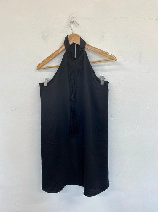Zara Fabulous Black Fringe Detail Halter Neck Mini Dress Size L GW001
