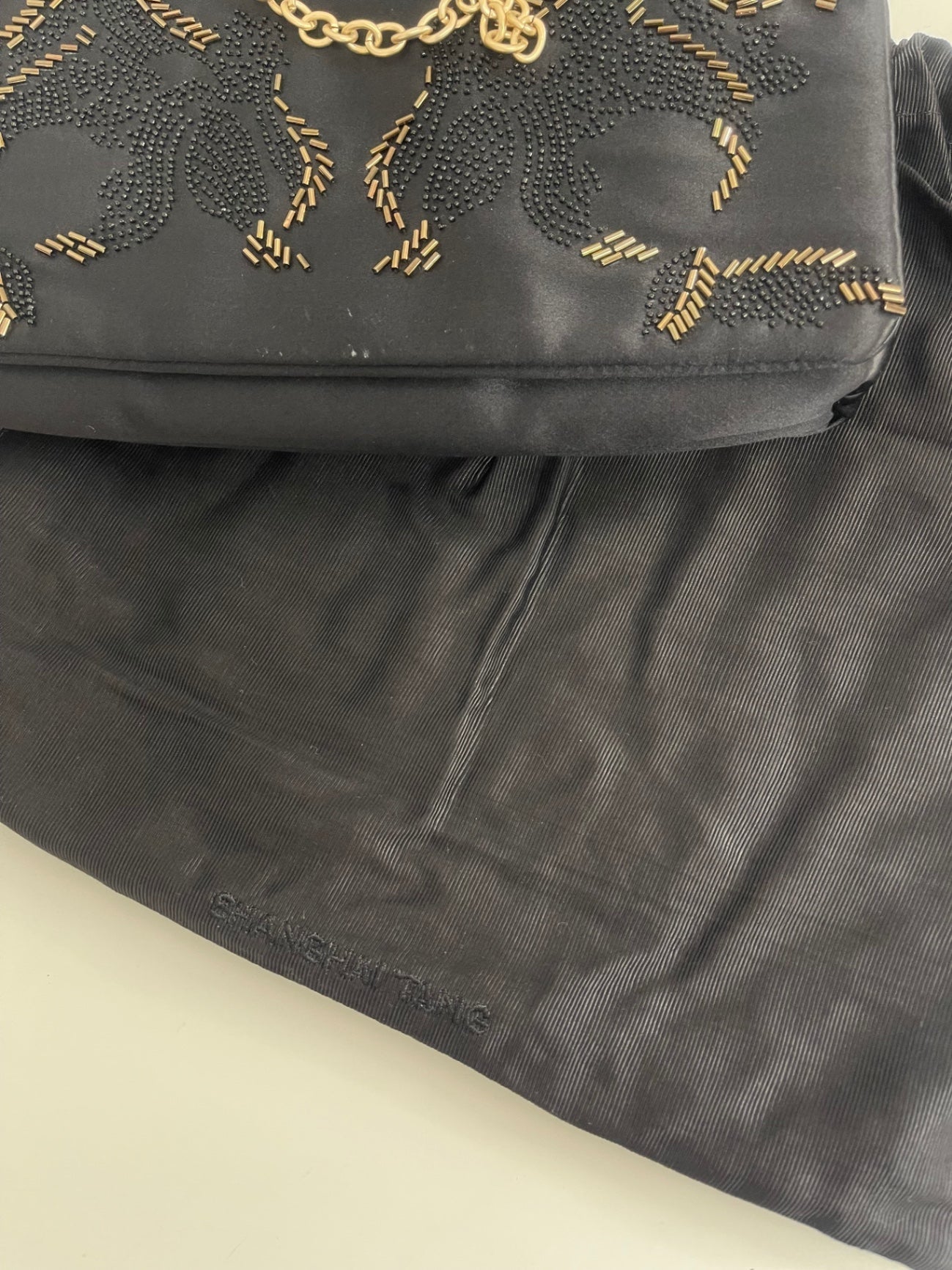 Stunning Shanghai Tang Handbag evening ornate Black & Gold Pure Silk FM547