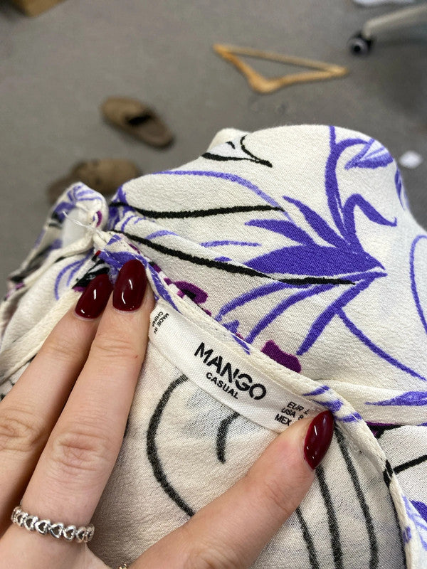 Lovely mango purple cream floral blouse UK L LB005