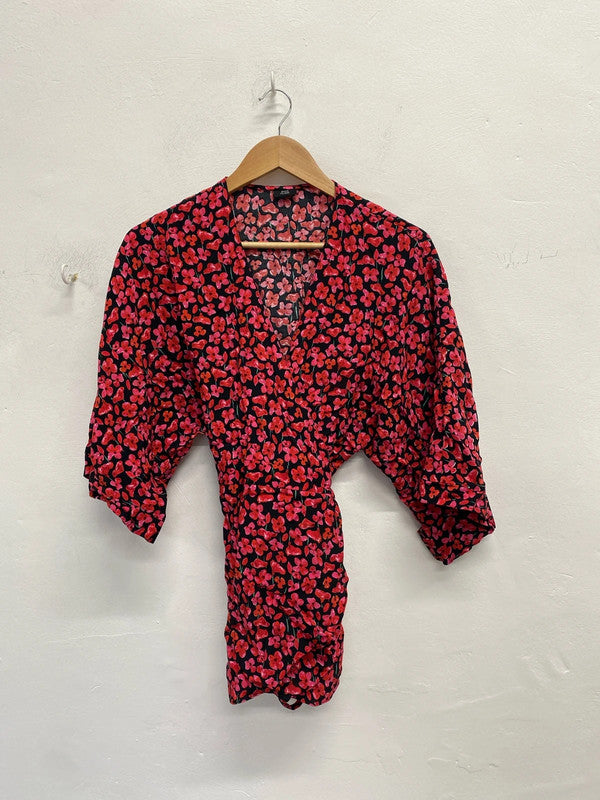 Fabulous river island black pink floral wrap blouse UK S KM004