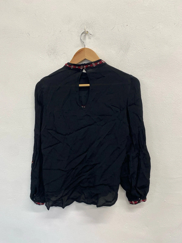 Lovely river island black semi sheer blouse red pattern UK S KM004