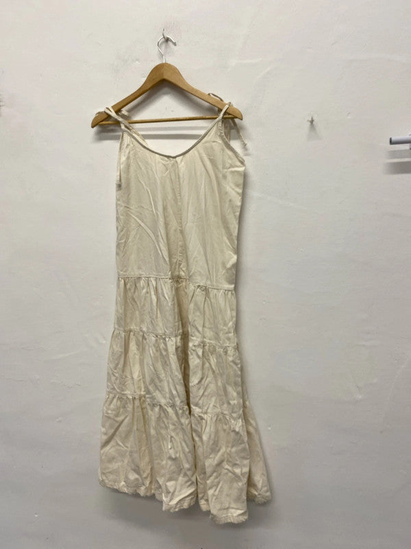 Fabulous cream lightweight denim Midaxi dress Uk12 tie straps KS002