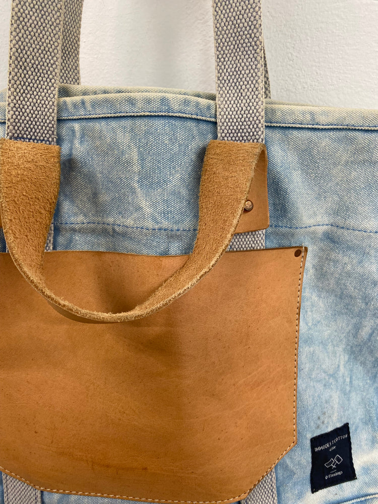 Immodest cotton X Fleabags denim tote east west acid wash denim leather RF001