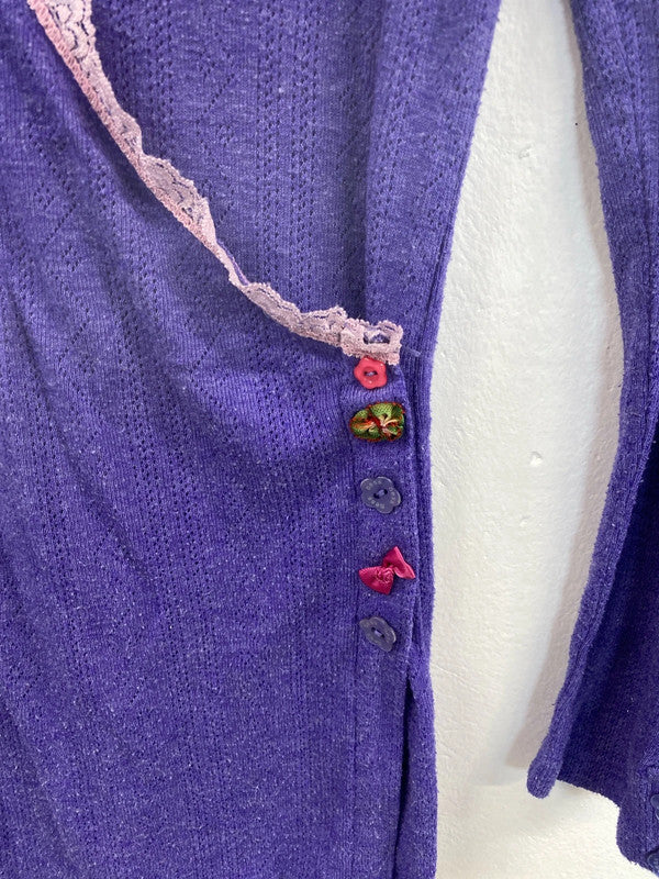 Ness Whimsical Purple Button Accent Pointelle Top Size M MM005