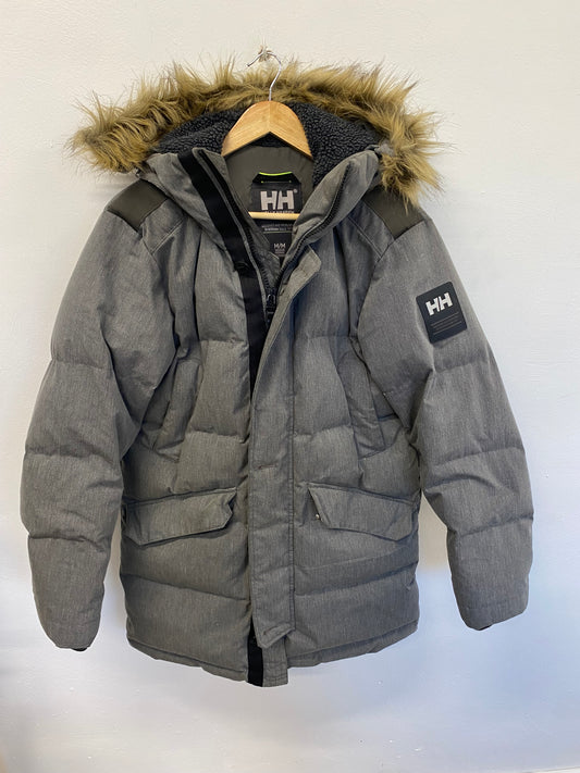 Super cosy Helly Hansen grey longline puffer jacket M Faux fur trim RF001