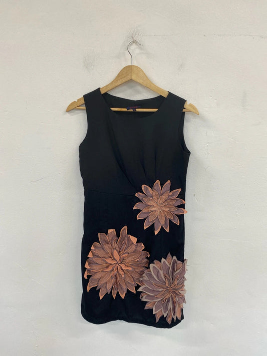 Kenzo Jeans Stylish Black Floral Appliqué Silk LBD Size M MS002