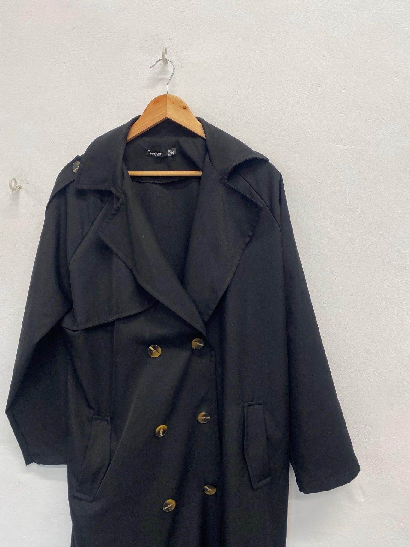 Stunning Boohoo longline Trench Coat UK 14 Black SO560