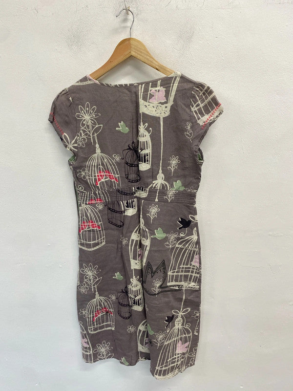 Lovely white stuff grey green bird linen dress UK 10 MM005