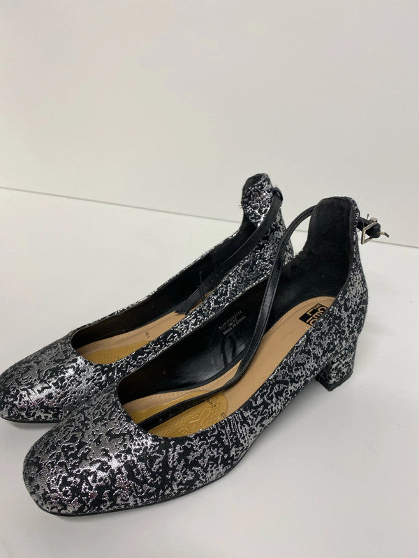 Fab black & Silver jacquard ankle strap occasion shoes Uk7 JW002