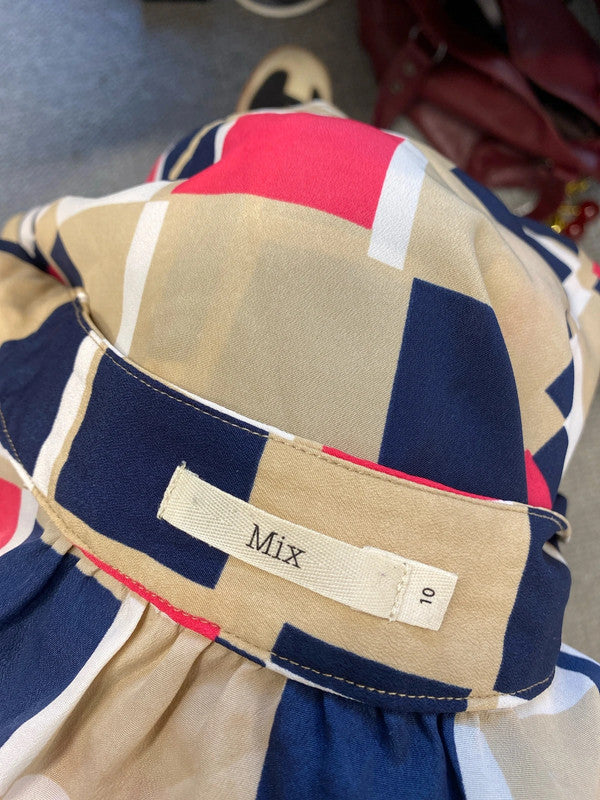 Lovely mix squared beige pattern pussy bow top UK 10 AG005