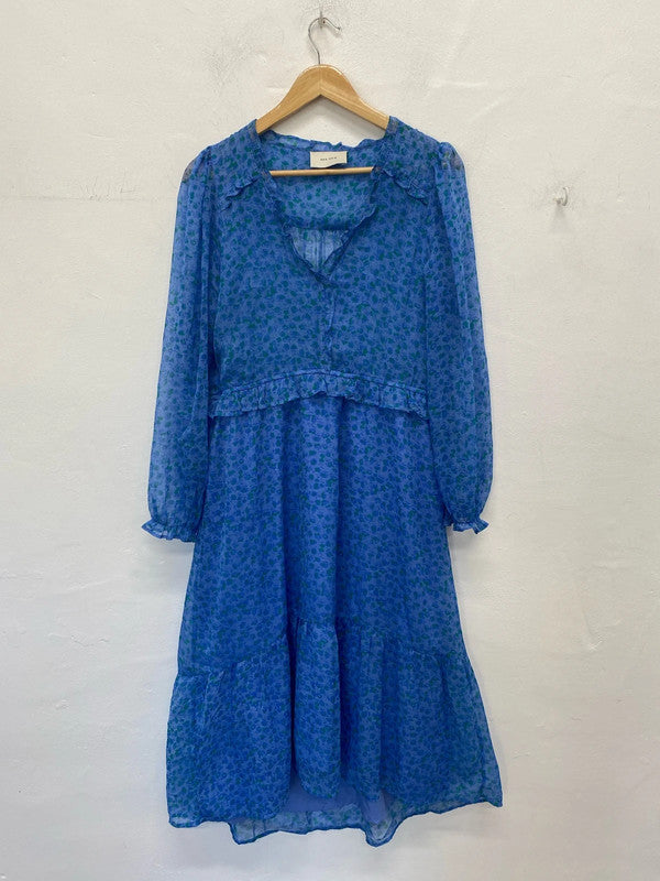 Neo Noir Fabulous Blue & Green Ditsy Floral Chiffon Midi Dress Size L KN003