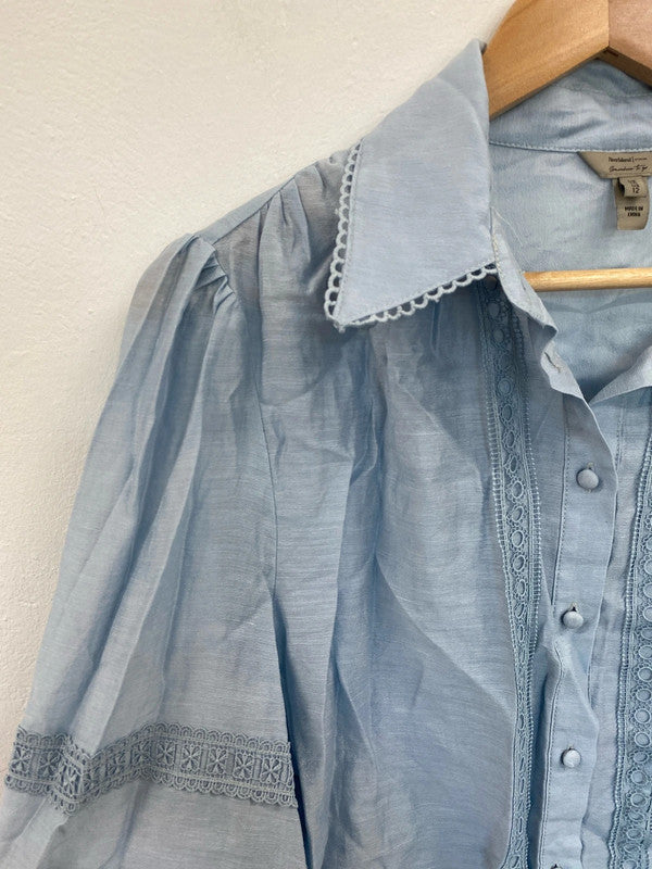 Fabulous River Island Powder Blue Boho Lace Accent Blouse UK16 AB024