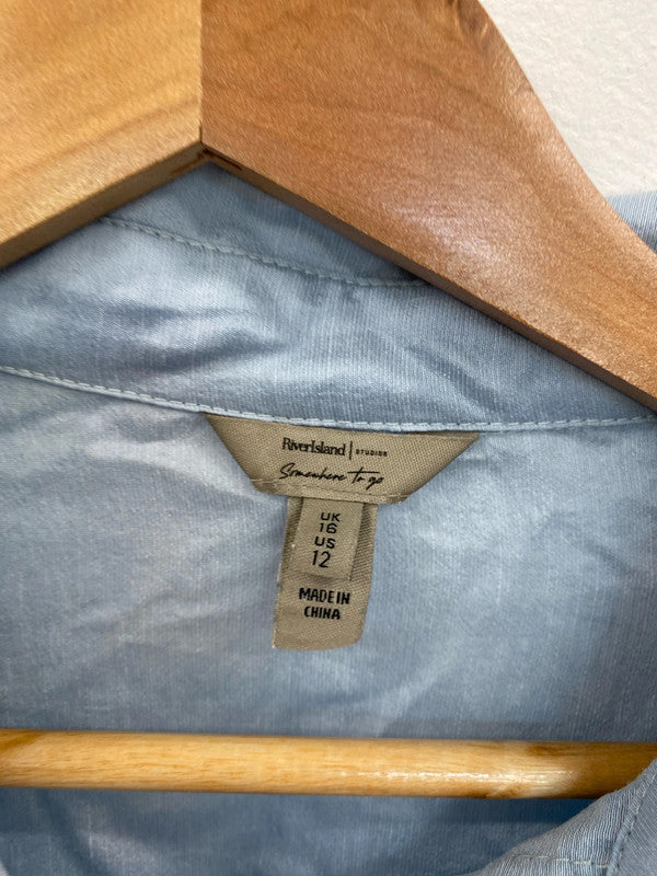 Fabulous River Island Powder Blue Boho Lace Accent Blouse UK16 AB024