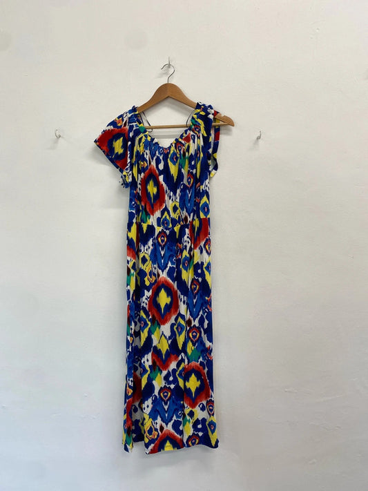 Gorgeous papaya yellow blue tropical flare off the shoulder dress UK 12 MR444