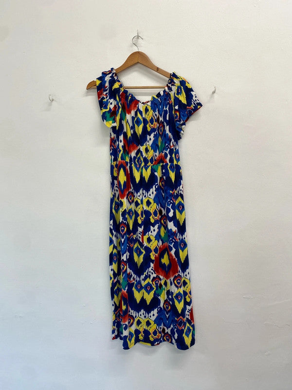 Gorgeous papaya yellow blue tropical flare off the shoulder dress UK 12 MR444