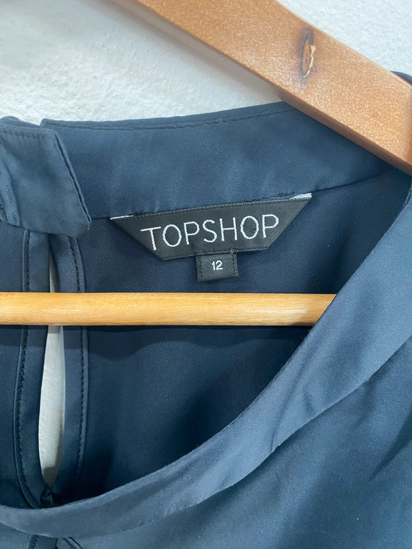 Fabulous Topshop Dark Green Satin Puff Sleeve Blouse UK12 TM447