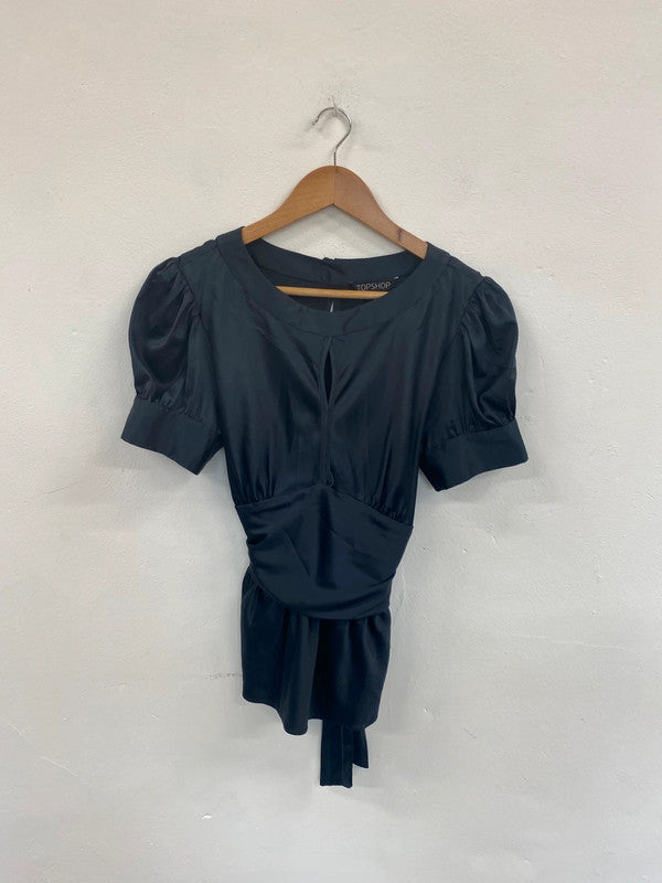 Fabulous Topshop Dark Green Satin Puff Sleeve Blouse UK12 TM447