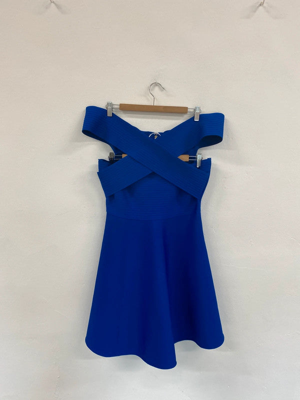 Fabulous Karen Millen Cobalt Blue Bandage Bardot Mini Dress UK L KN003