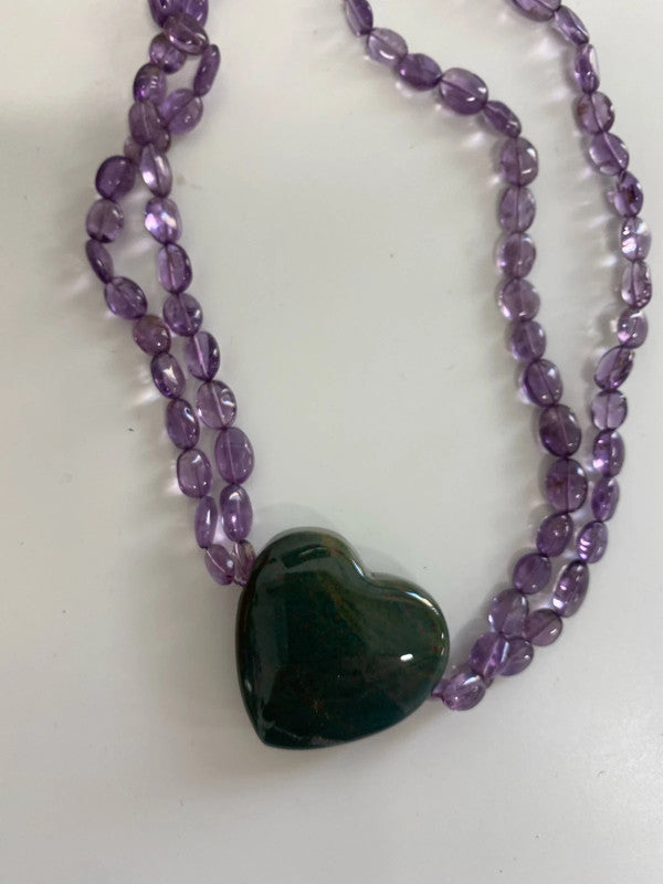 Fabulous green heart & purple beaded necklace silver clasp LB006