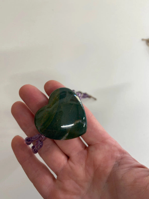 Fabulous green heart & purple beaded necklace silver clasp LB006