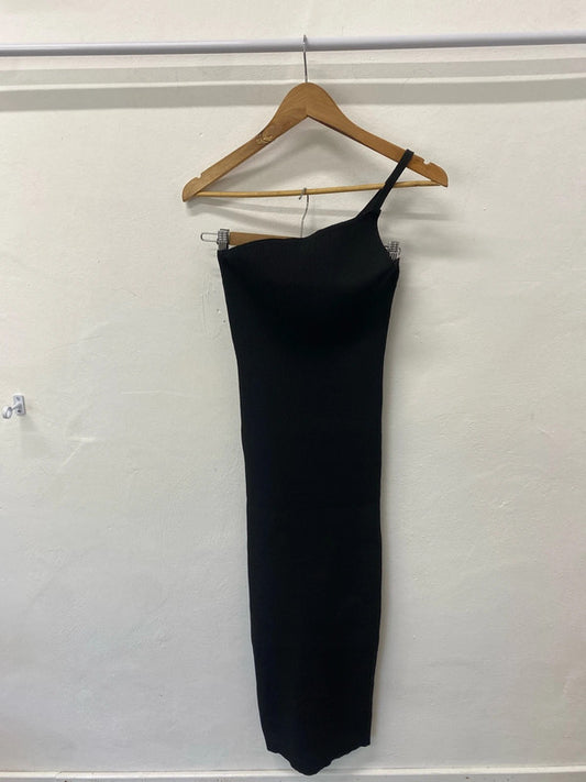 Stunning Pretty Little Thing black one shoulder rib knitted maxi UkM LT272